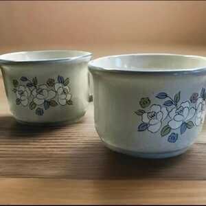 Vintage Stoneware Mugs Set Floral Cottagecore Coffee Cups, Blue Rim